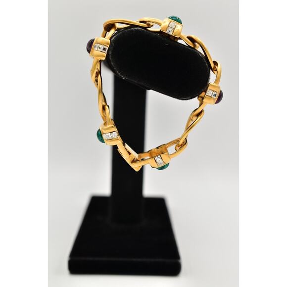 Givenchy Vintage Cabochon Bracelet Multi-Color Brushed Gold Crystal Signed BinAD - Picture 4 of 12